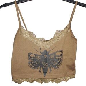 ROMWE women's junior's small brown lace moth skull graphic crop tank top shirt